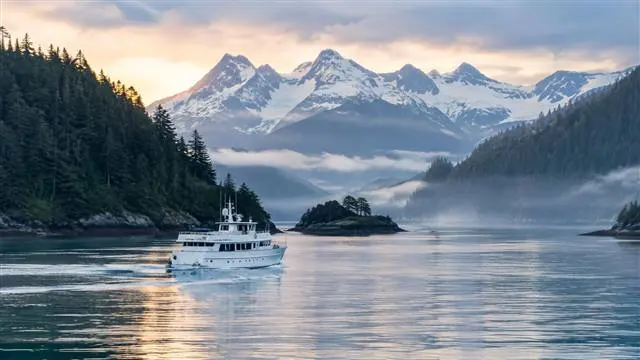 Vessel-based hunting adventures | Alaska Coastal Hunts White charter vessel cruising calm Alaskan coastal waters at dawn with forested mountains and snow-capped peaks