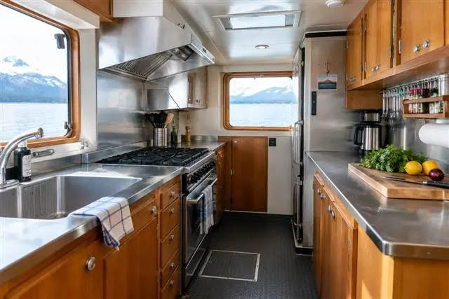 The galley | Alaska Coastal Hunts Bright galley kitchen aboard the charter vessel with stainless steel and wooden cabinetry