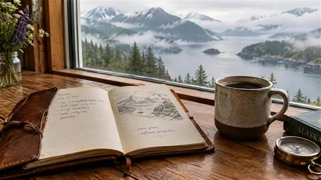 An open journal and coffee on a table overlooking misty Alaskan coastal mountains An open journal and coffee on a table overlooking misty Alaskan coastal mountains
