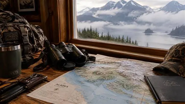 Hunting gear, binoculars and a map laid out with misty Alaskan coastal mountains beyond Hunting gear, binoculars and a map laid out with misty Alaskan coastal mountains beyond