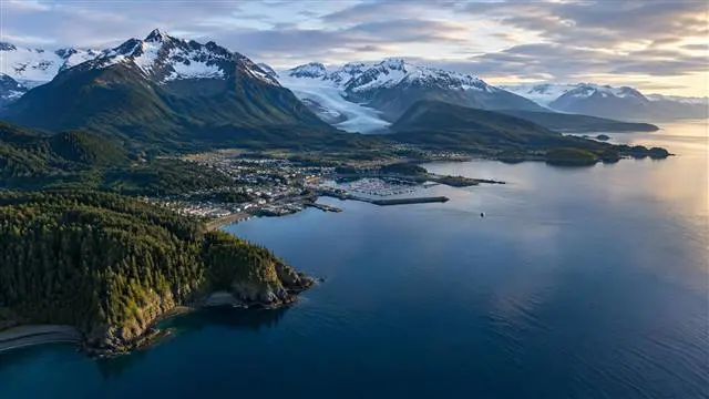 Aerial view of Homer, Alaska coastline with forested mountains, glaciers and calm water Aerial view of Homer, Alaska coastline with forested mountains, glaciers and calm water