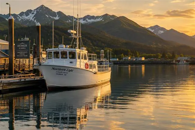 Home port in Homer, Alaska | Alaska Coastal Hunts White charter vessel moored at a Homer, Alaska harbor at golden hour