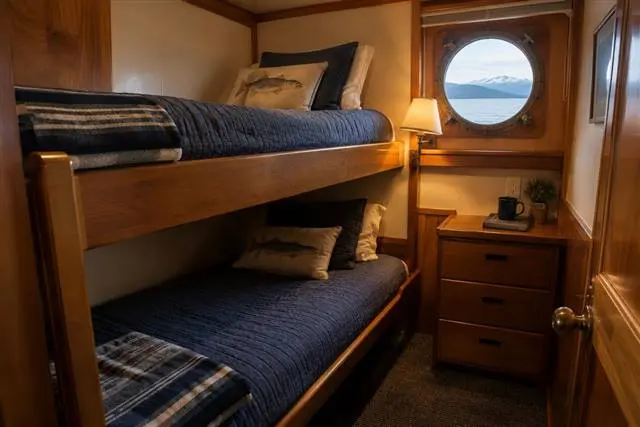 Sleeping cabins | Alaska Coastal Hunts Cozy bunk cabin interior aboard the charter vessel with timber finishes