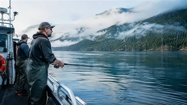 Anglers casting from the deck of an Alaskan charter boat with misty mountains behind Anglers casting from the deck of an Alaskan charter boat with misty mountains behind