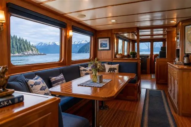 The salon and dining area | Alaska Coastal Hunts Warm wooden salon interior of the charter vessel with dining table and coastal windows