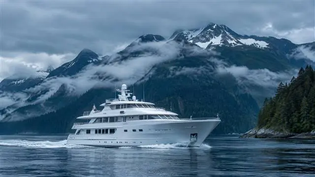 Large white charter yacht anchored in a calm Alaskan fjord surrounded by forested mountains Large white charter yacht anchored in a calm Alaskan fjord surrounded by forested mountains
