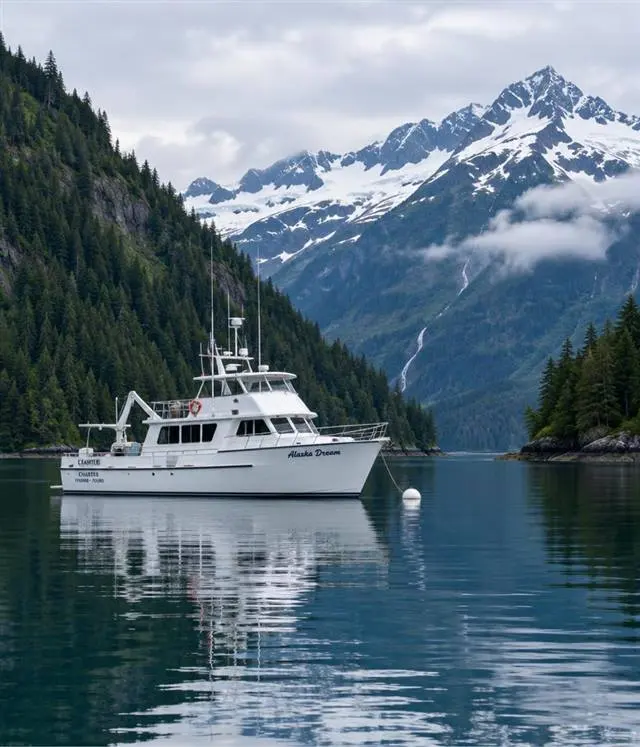 Charter vessel crew | Alaska Coastal Hunts White charter vessel anchored in a sheltered Alaskan cove while the crew prepares gear