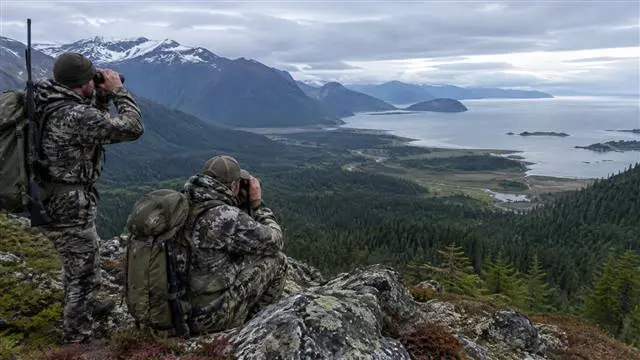 Hunters glassing for game from a ridge above an Alaskan coastal valley Hunters glassing for game from a ridge above an Alaskan coastal valley